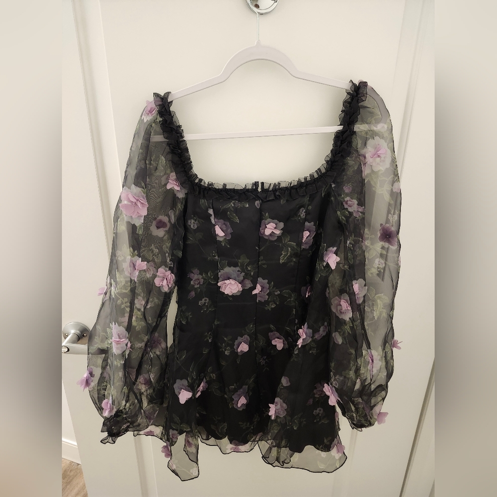 Sugar Thrillz Black Sheer Dress With Pink Flowers - Picture 3 of 5